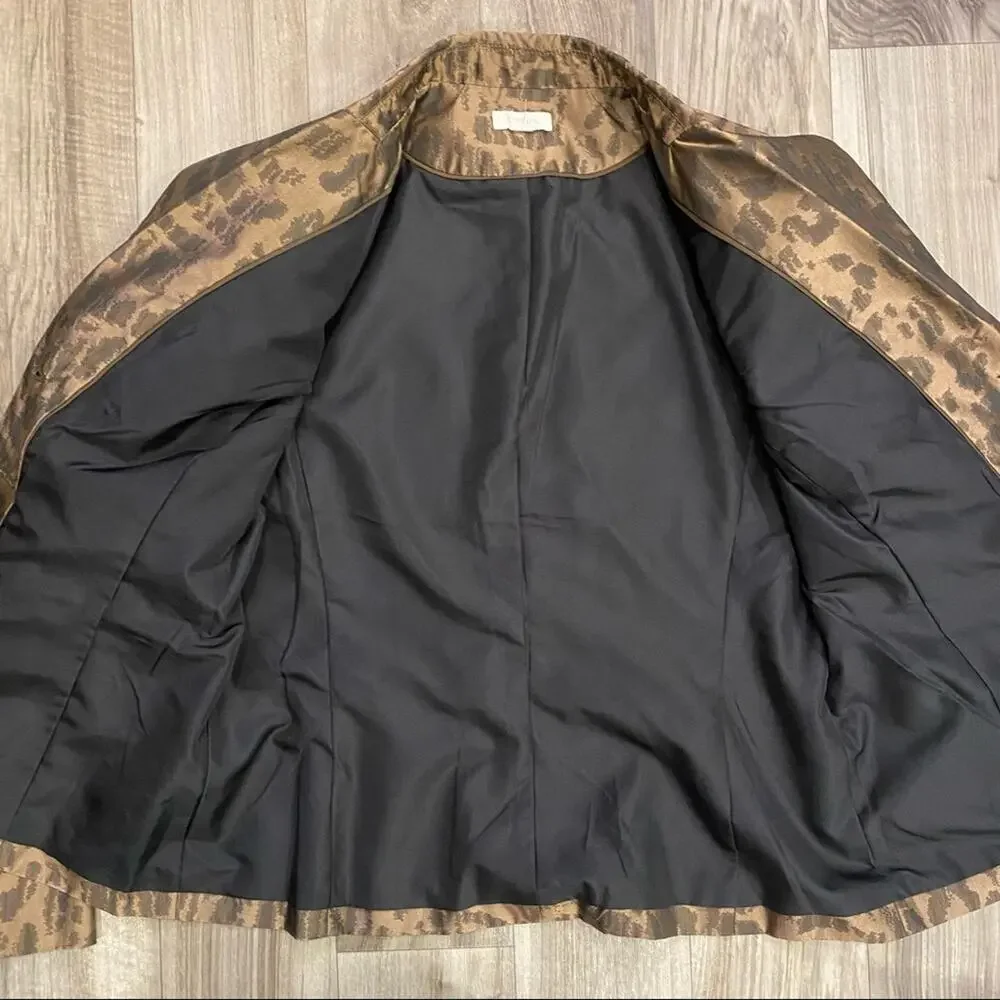 CHICO’S L Shimmery Bronze Taffeta Light Jacket‎ Ruffle Front Thong Tied Buttons
